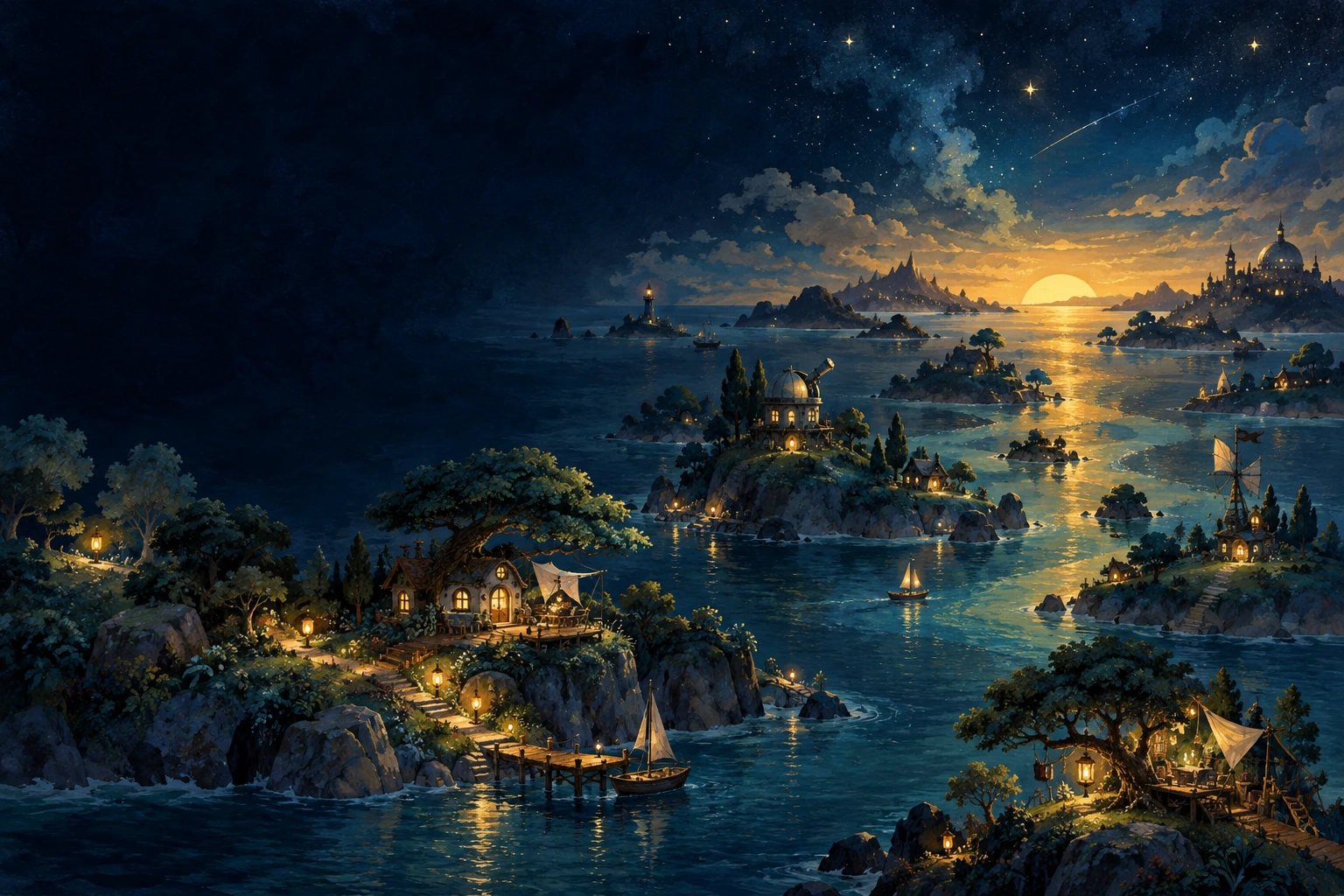 Distant unnamed islands glowing quietly beyond a painted night horizon