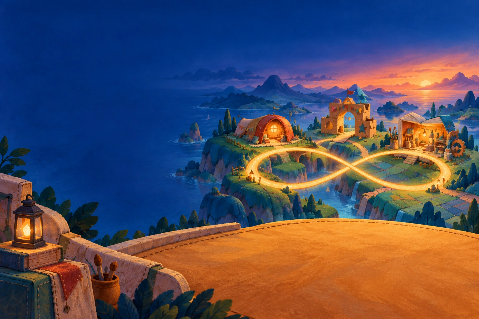 An inviting handmade world, with a golden infinity trail connecting a companion home, an adventure and a maker’s workshop.